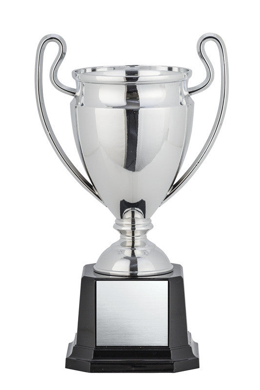 Euro Cup Silver w Tall Thin Handles on Black Square Base, 7"