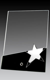 Load image into Gallery viewer, Glass Plaque on Pin w Star, Black Base 5" x 7"
